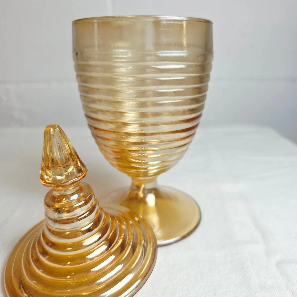 Vintage Marigold Carnival Glass Ribbed Beehive Lidded Candy Dish Footed Jar MCM
